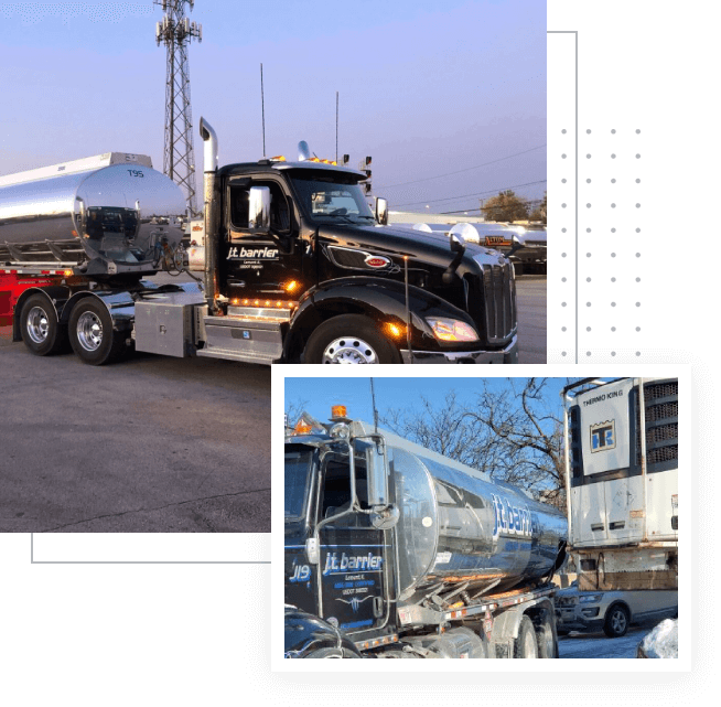 Two pictures of a semi truck and a tanker truck.